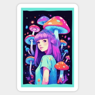 Anime Girl with mushrooms neon design Sticker